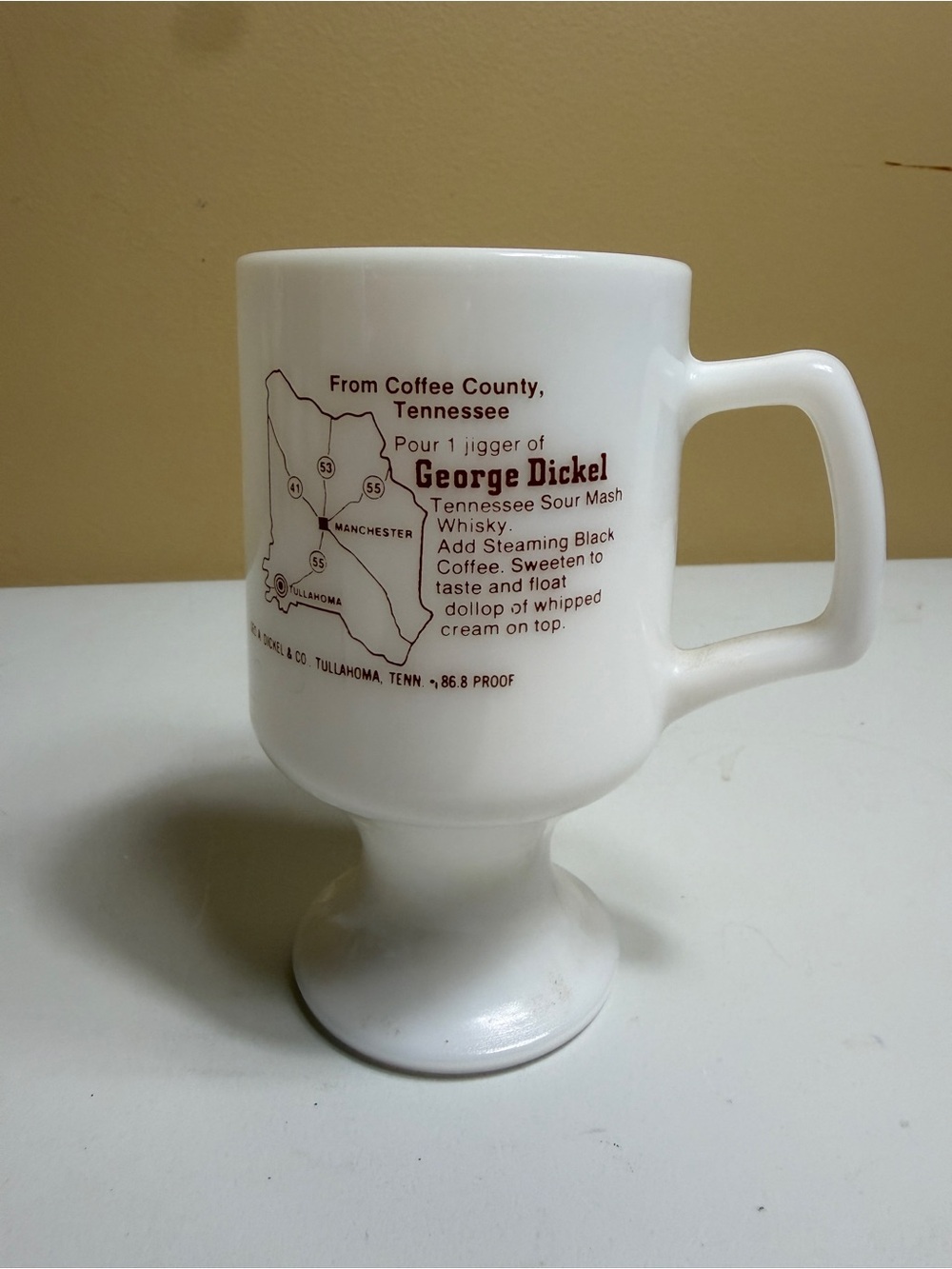 Vintage George Dickel Tennessee Coffee Milk Glass Pedestal Mug Recipe Tullahoma